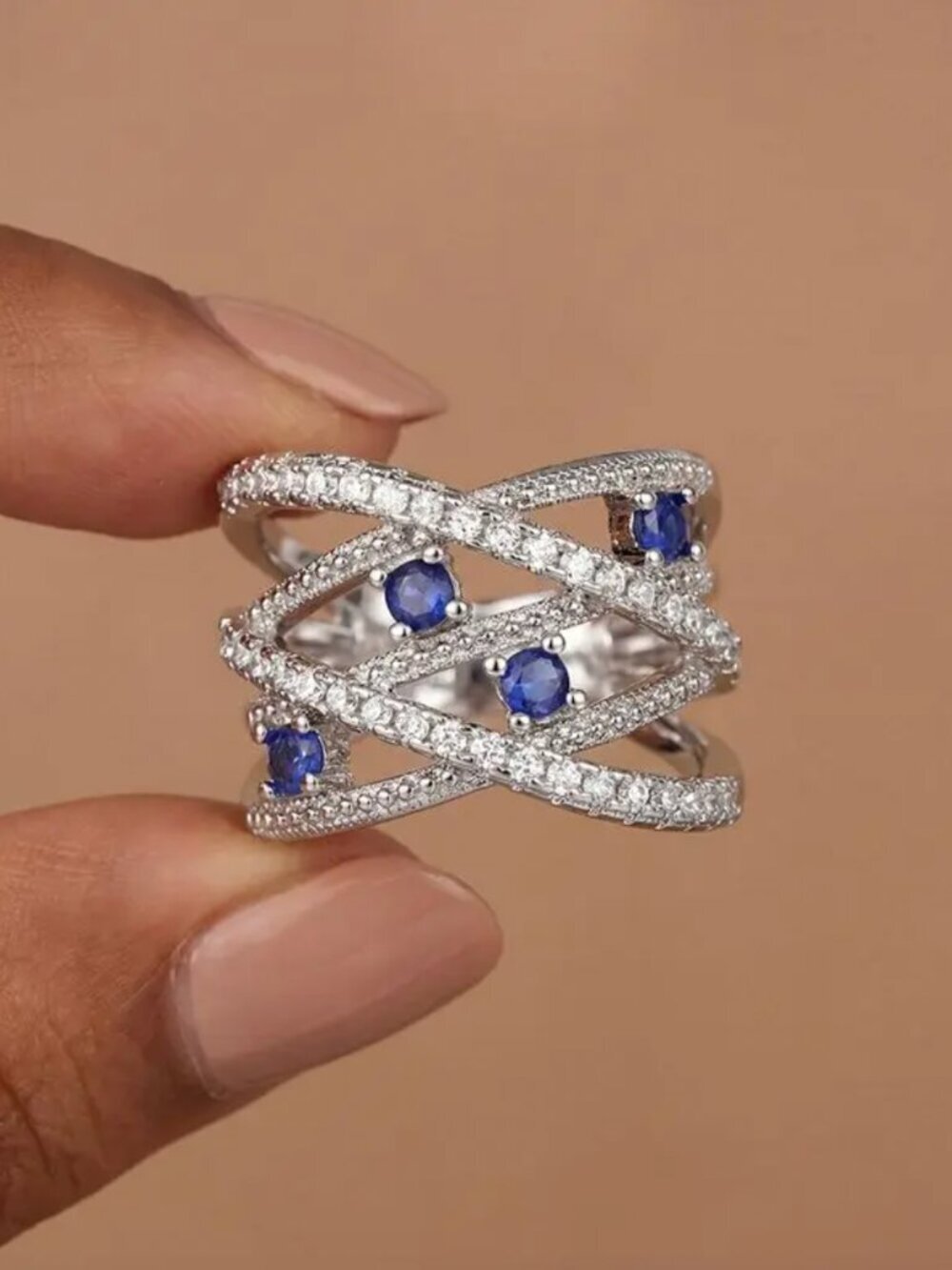 NEW 18k White Gold Diamond Ring Sapphire Ring Band Wide Ring Statement Ring